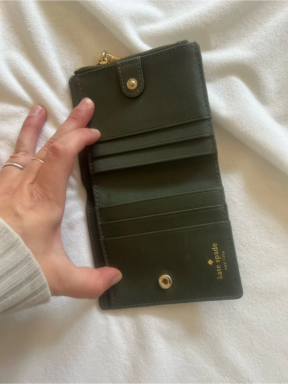 kate spade Olive Green Saffiano Leather Card & ID Holder with Gold Logo